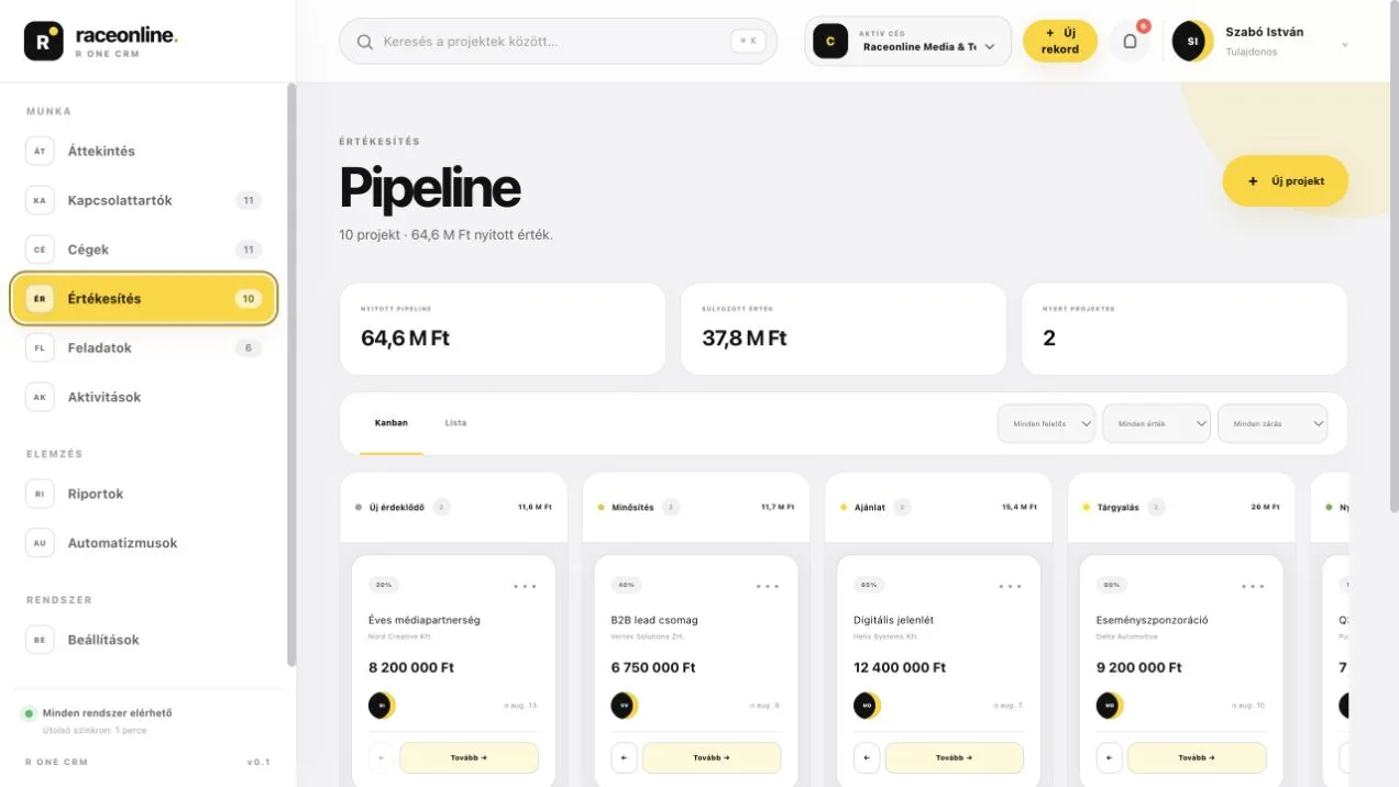 Az R One CRM Kanban értékesítési pipeline képernyője